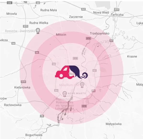 Mapa zasięgu dojazdu mobilnego fryzjera wokół Rzeszowa
